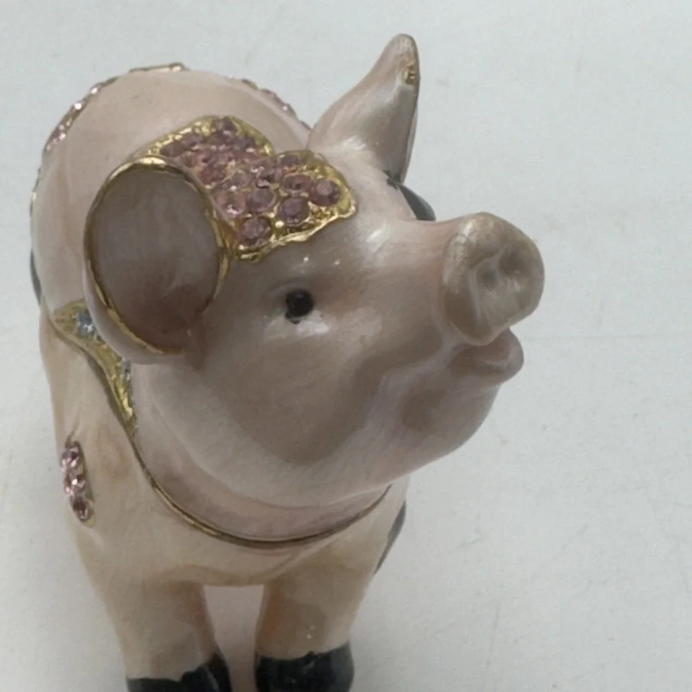 Bejeweled Enameled Pewter Spotted Pig Trinket Box With Crystals Pink Black